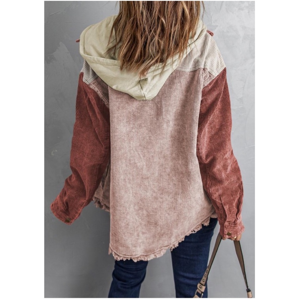 016 Cozy Color Block Oversized Corduroy Hoodie Jacket Shacket - Picture 10 of 13